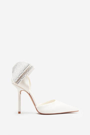 Flashing Lights Ivory Satin Pointed Court Heels With Diamante Bows